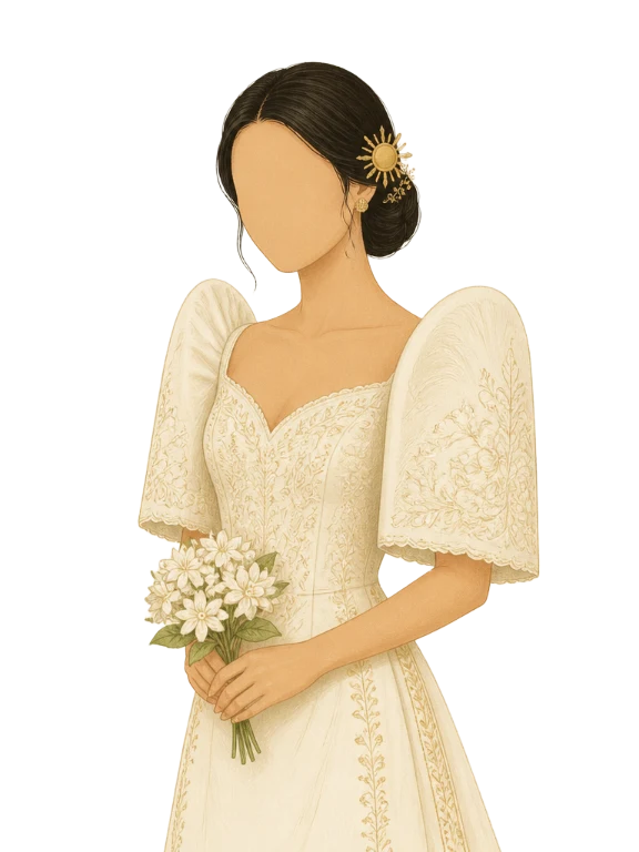 Illustration of Charyl in a cream Filipiniana terno with butterfly sleeves, holding sampaguita flowers