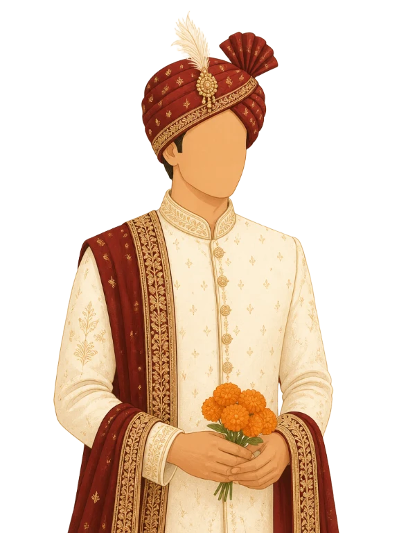 Illustration of Ashish in a cream sherwani with a maroon and gold safa, holding marigolds